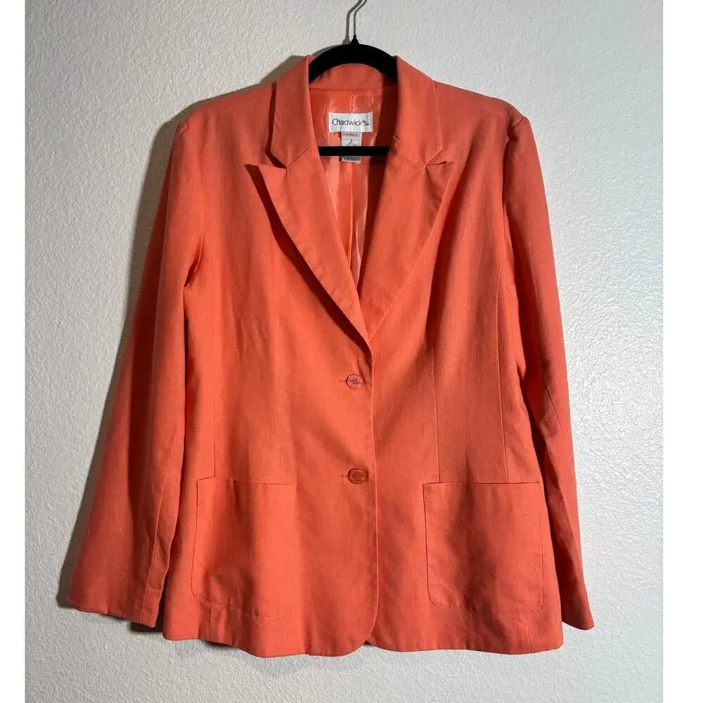 Chadwick's Women's Size 8 Coral Orange Linen Cotton Blend Two-Button Blazer